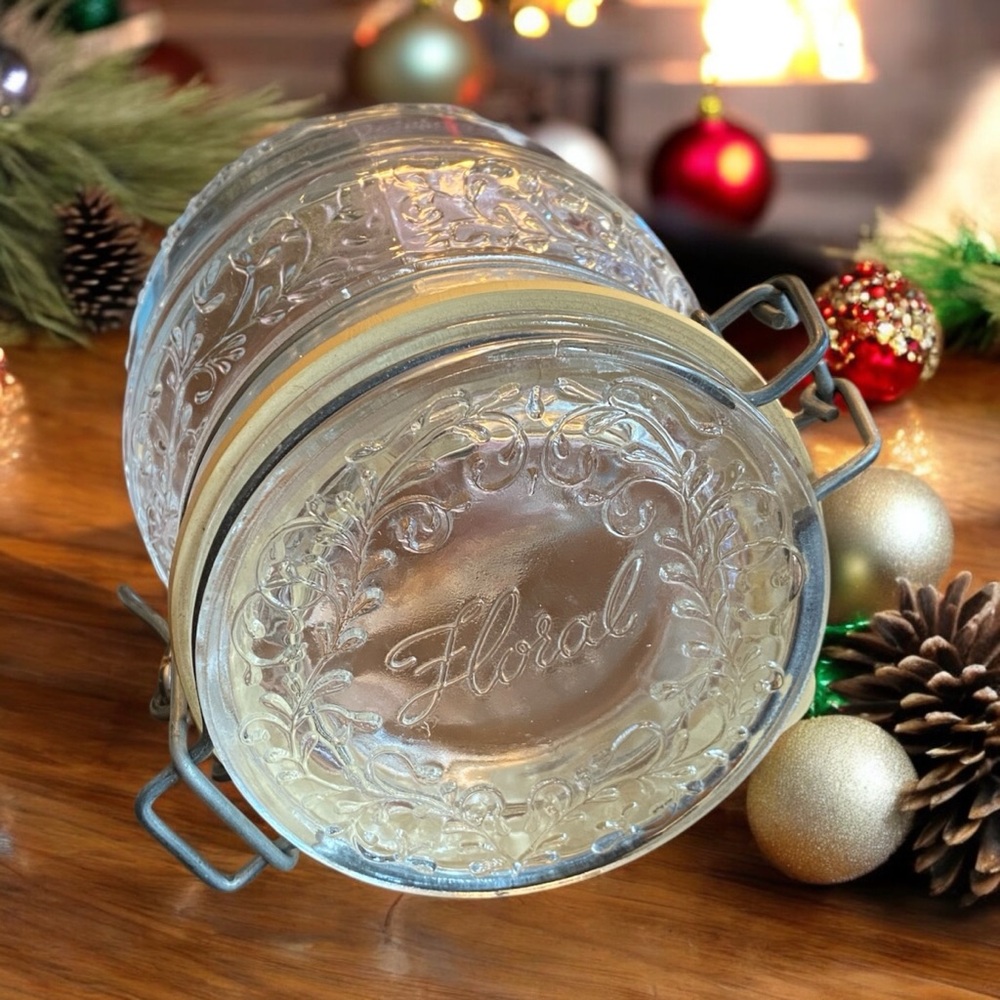 VTG Cove Italy Clear Glass Jar Canister Vine Embossed Wire Bale Hinge Lid EUC